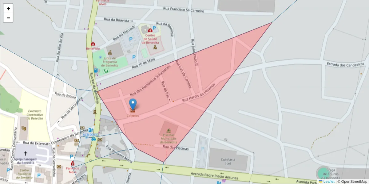 Mapa detalhado do código postal 2475-999 com limites, códigos postais vizinhos e agências dos correios