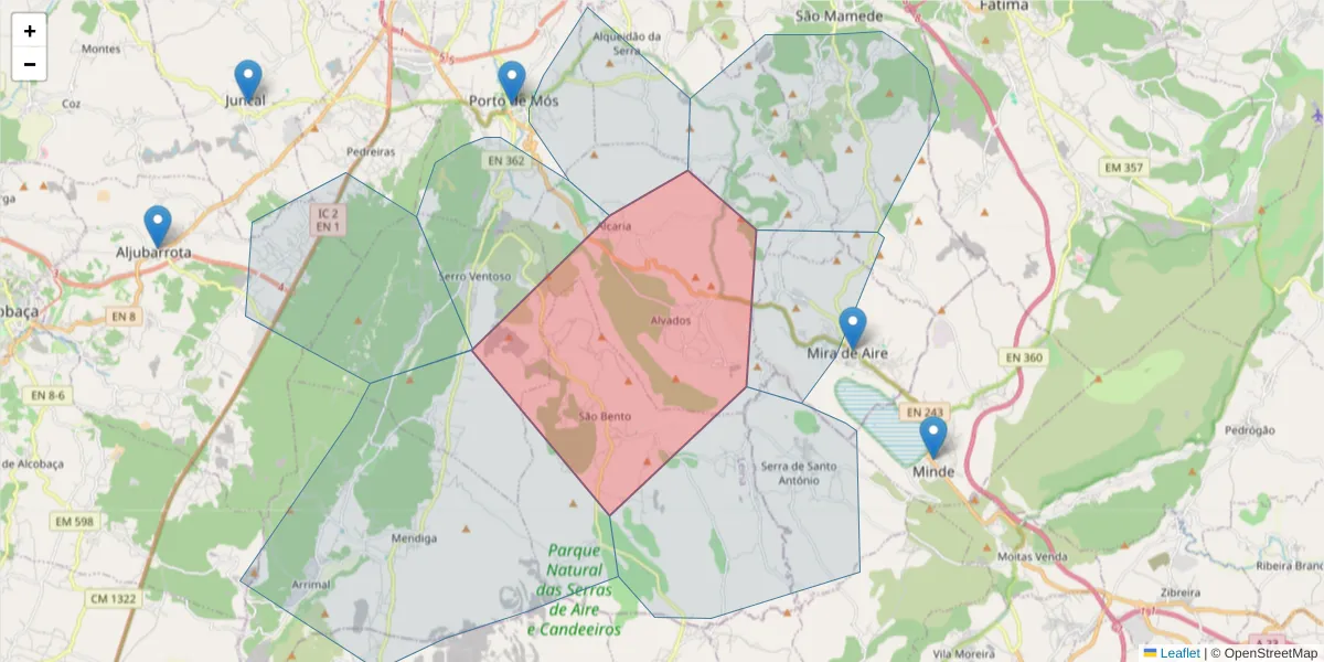 Mapa detalhado do código postal 2480-032 com limites, códigos postais vizinhos e agências dos correios