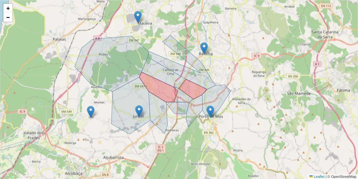 Mapa detalhado do código postal 2480-062 com limites, códigos postais vizinhos e agências dos correios