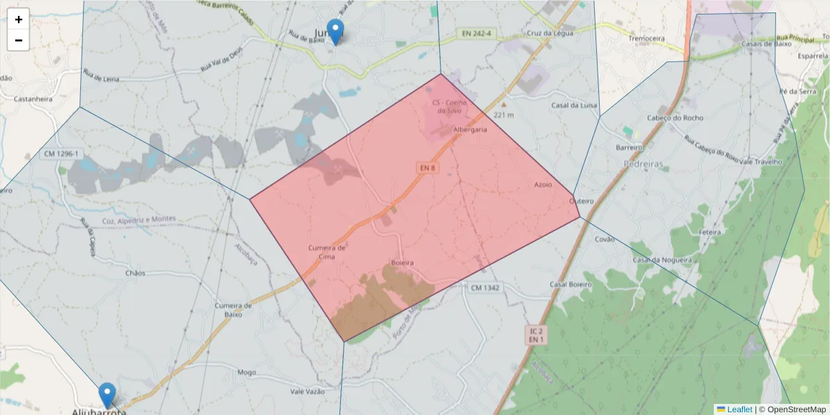 Mapa detalhado do código postal 2480-071 com limites, códigos postais vizinhos e agências dos correios