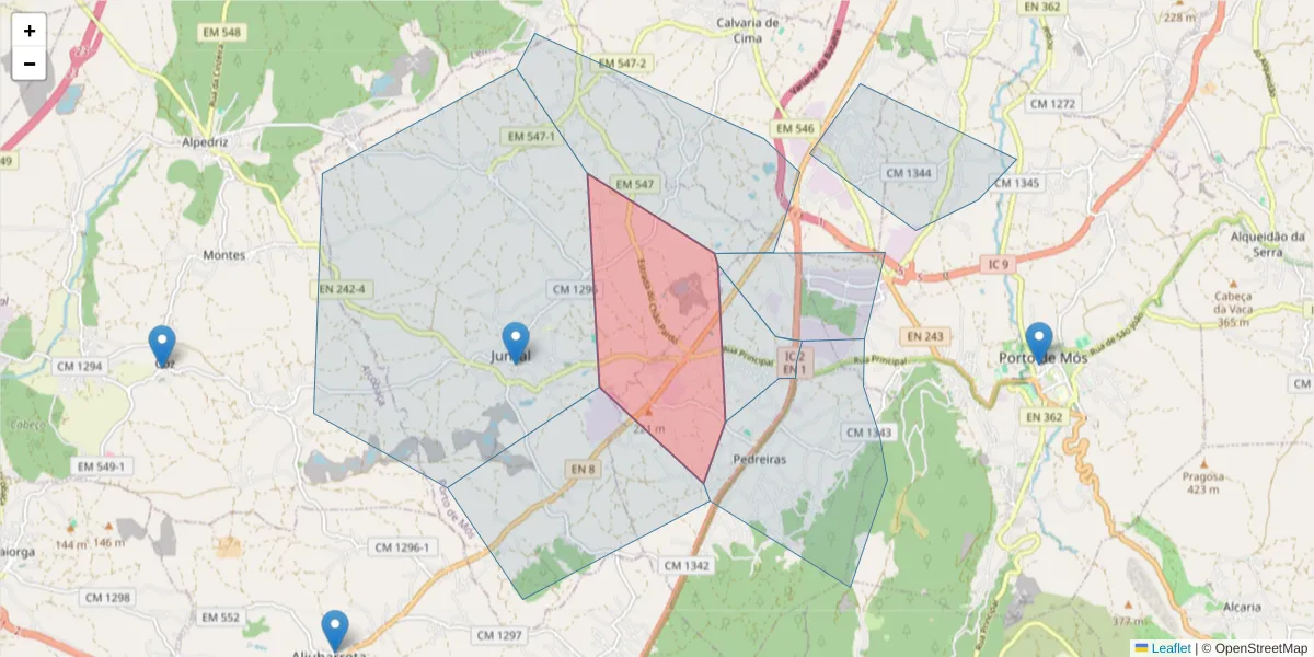 Mapa detalhado do código postal 2480-100 com limites, códigos postais vizinhos e agências dos correios