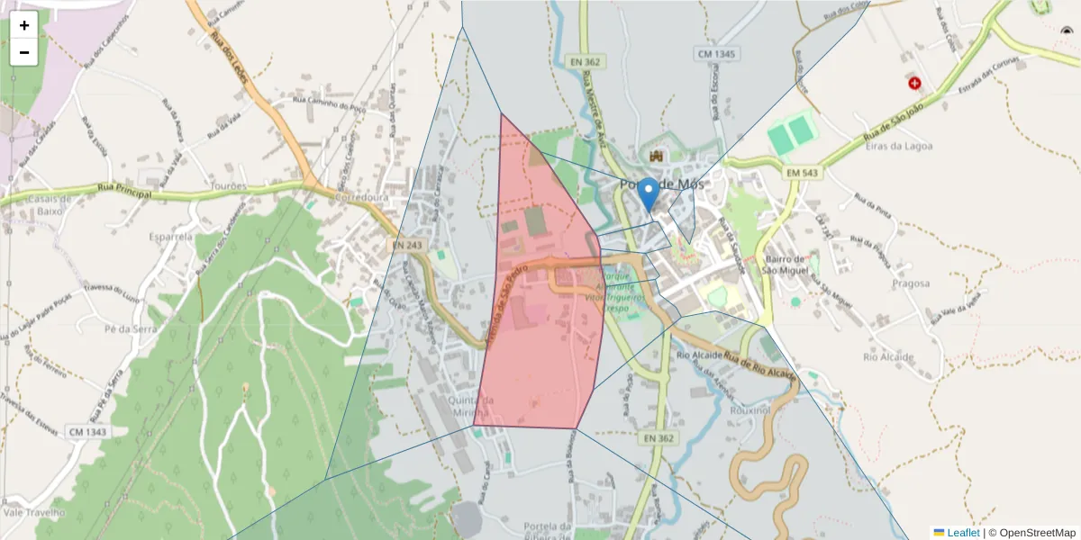 Mapa detalhado do código postal 2480-330 com limites, códigos postais vizinhos e agências dos correios