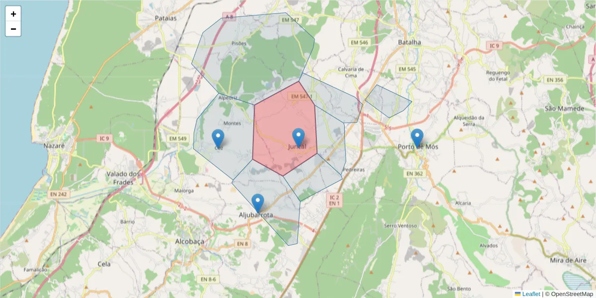 Mapa detalhado do código postal 2480-375 com limites, códigos postais vizinhos e agências dos correios