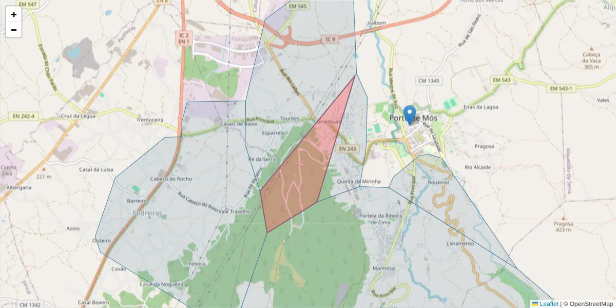 Mapa detalhado do código postal 2480-404 com limites, códigos postais vizinhos e agências dos correios