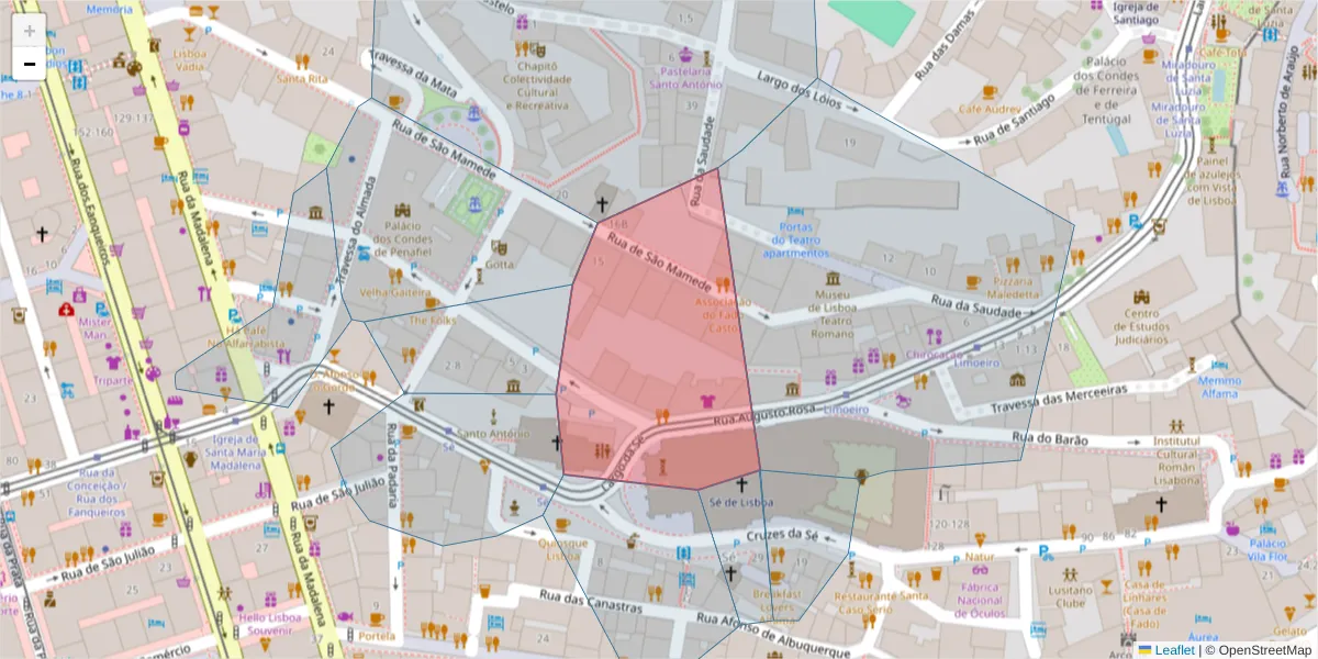 Mapa detalhado do código postal 2485-111 com limites, códigos postais vizinhos e agências dos correios