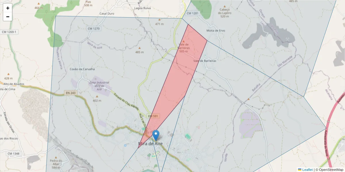 Mapa detalhado do código postal 2485-131 Mira de Aire com limites, códigos postais vizinhos e agências dos correios