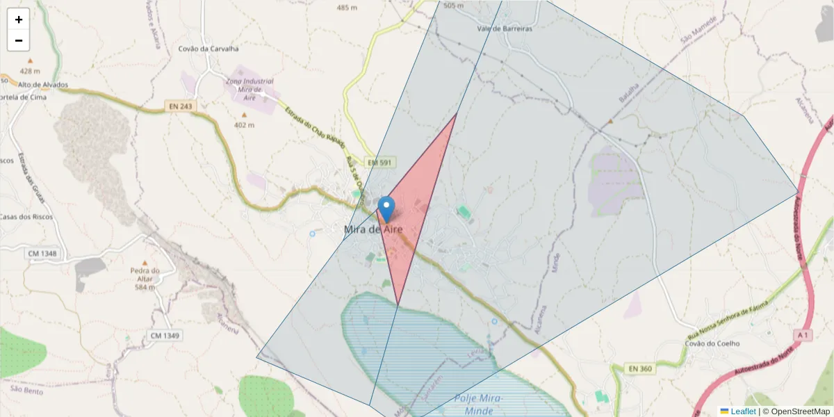 Mapa detalhado do código postal 2485-131 com limites, códigos postais vizinhos e agências dos correios