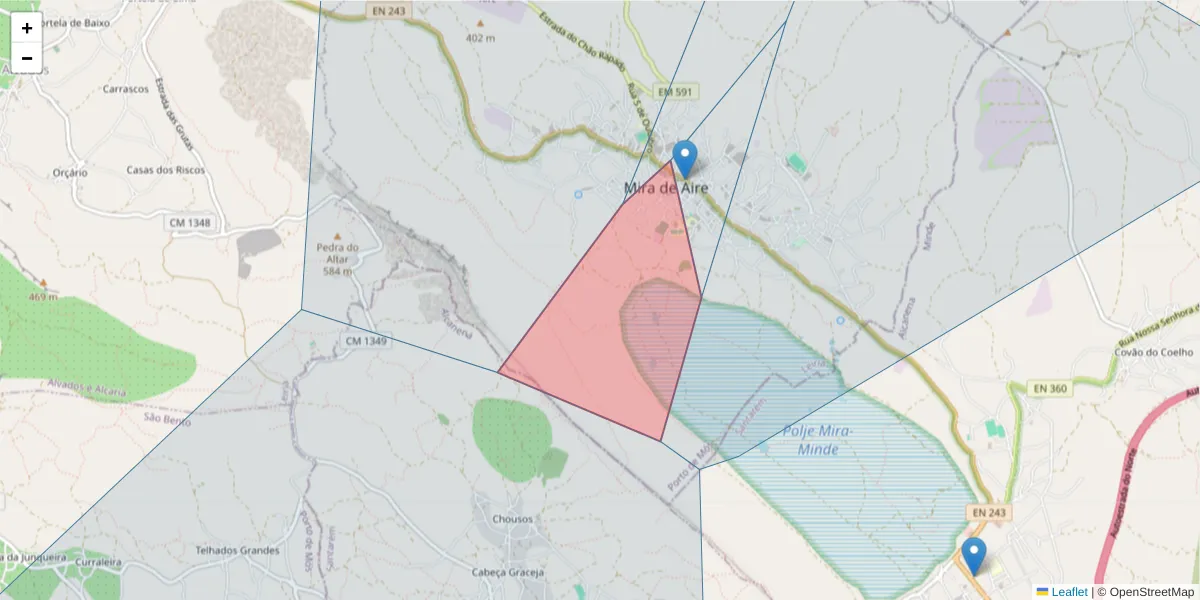 Mapa detalhado do código postal 2485-222 com limites, códigos postais vizinhos e agências dos correios