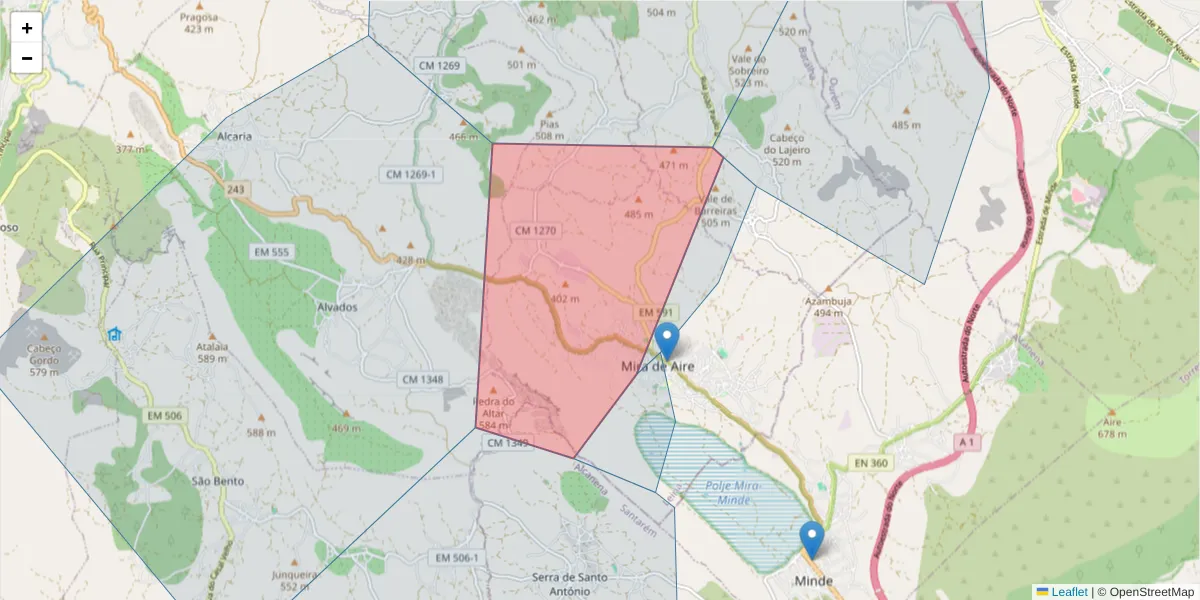 Mapa detalhado do código postal 2485 com limites, códigos postais vizinhos e agências dos correios