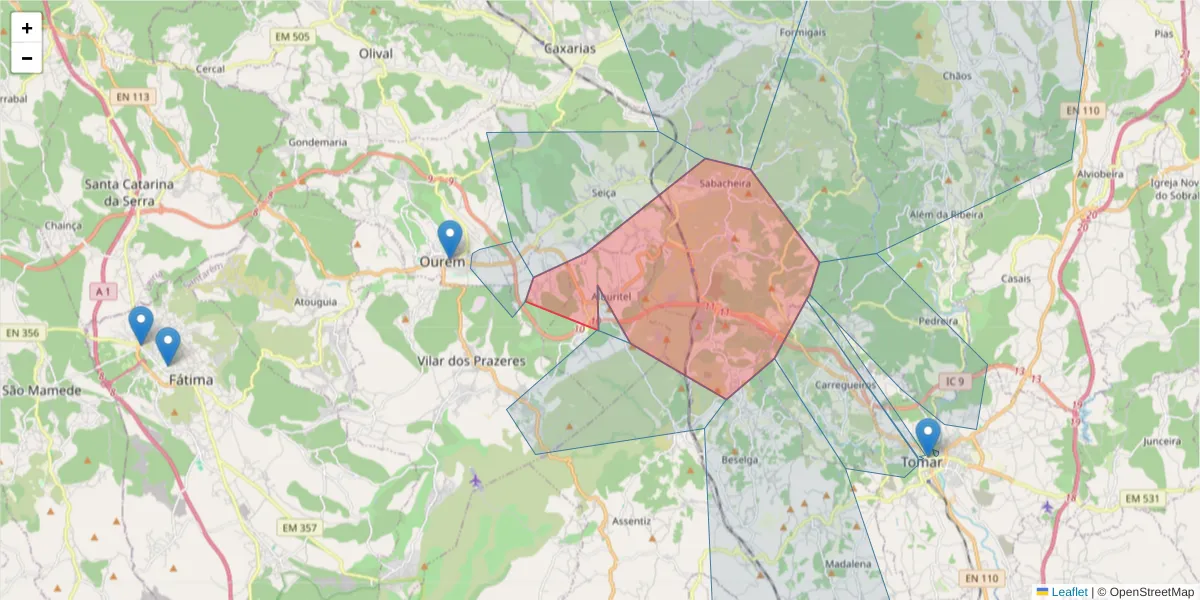 Mapa detalhado do código postal 2490-020 com limites, códigos postais vizinhos e agências dos correios
