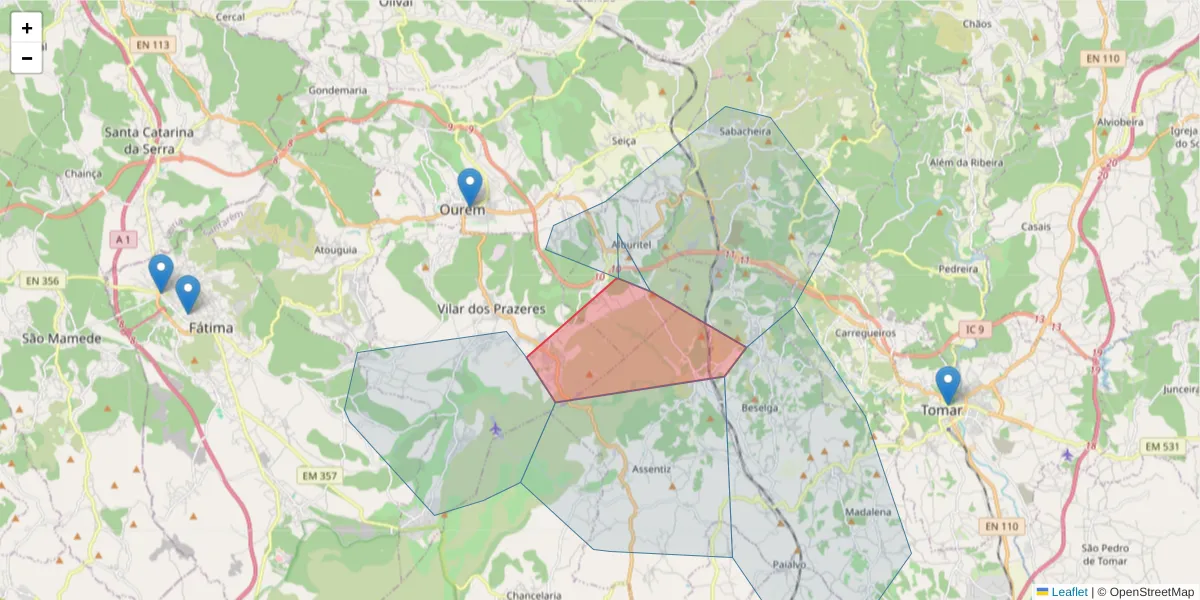 Mapa detalhado do código postal 2490- 040 com limites, códigos postais vizinhos e agências dos correios