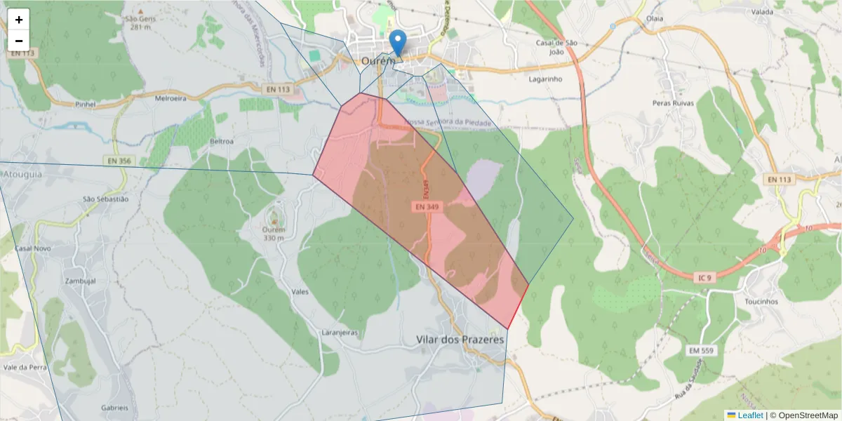 Mapa detalhado do código postal 2490-197 com limites, códigos postais vizinhos e agências dos correios