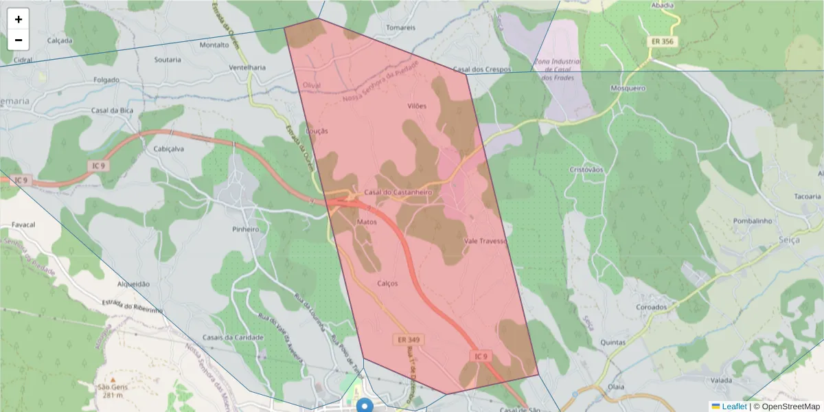 Mapa detalhado do código postal 2490-506 com limites, códigos postais vizinhos e agências dos correios