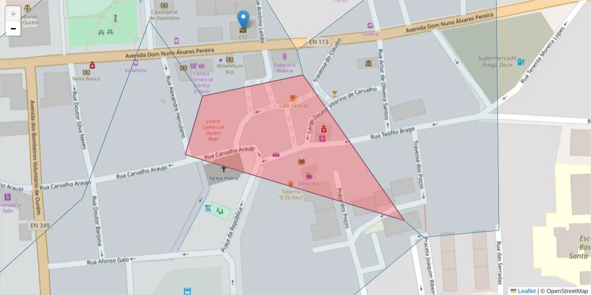 Mapa detalhado do código postal 2490-516 com limites, códigos postais vizinhos e agências dos correios
