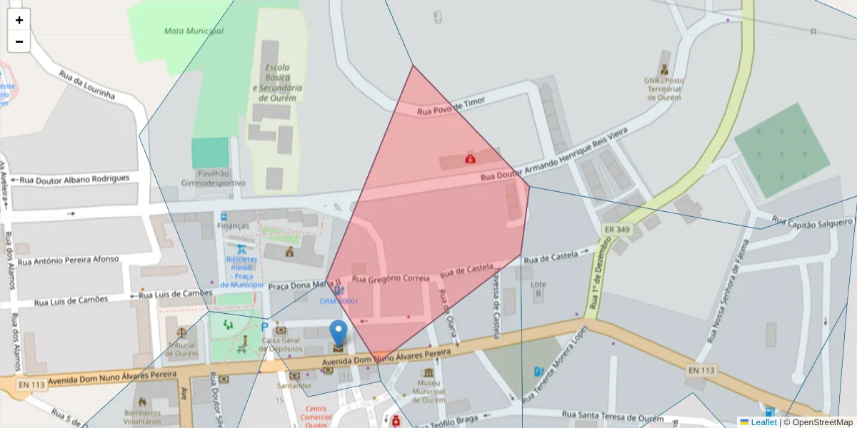 Mapa detalhado do código postal 2490-524 com limites, códigos postais vizinhos e agências dos correios