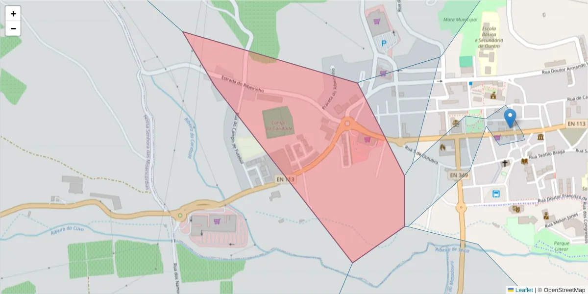 Mapa detalhado do código postal 2490-579 com limites, códigos postais vizinhos e agências dos correios