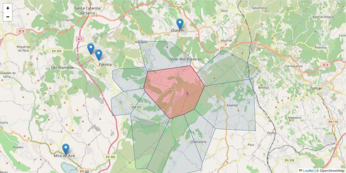 Mapa detalhado do código postal 2490-594 com limites, códigos postais vizinhos e agências dos correios