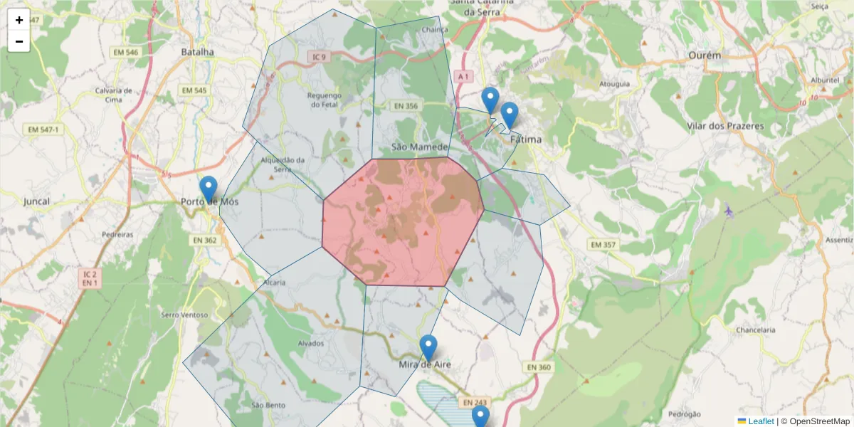 Mapa detalhado do código postal 2495-031 com limites, códigos postais vizinhos e agências dos correios