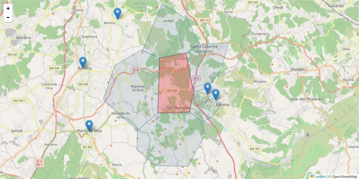 Mapa detalhado do código postal 2495-036 com limites, códigos postais vizinhos e agências dos correios