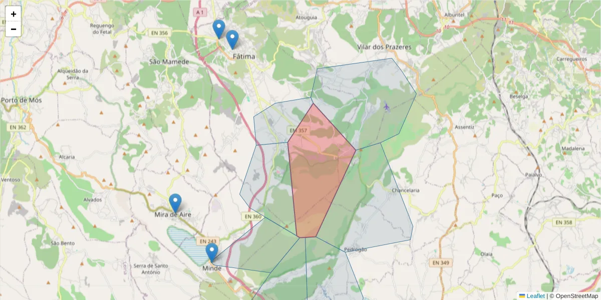 Mapa detalhado do código postal 2495-353 com limites, códigos postais vizinhos e agências dos correios