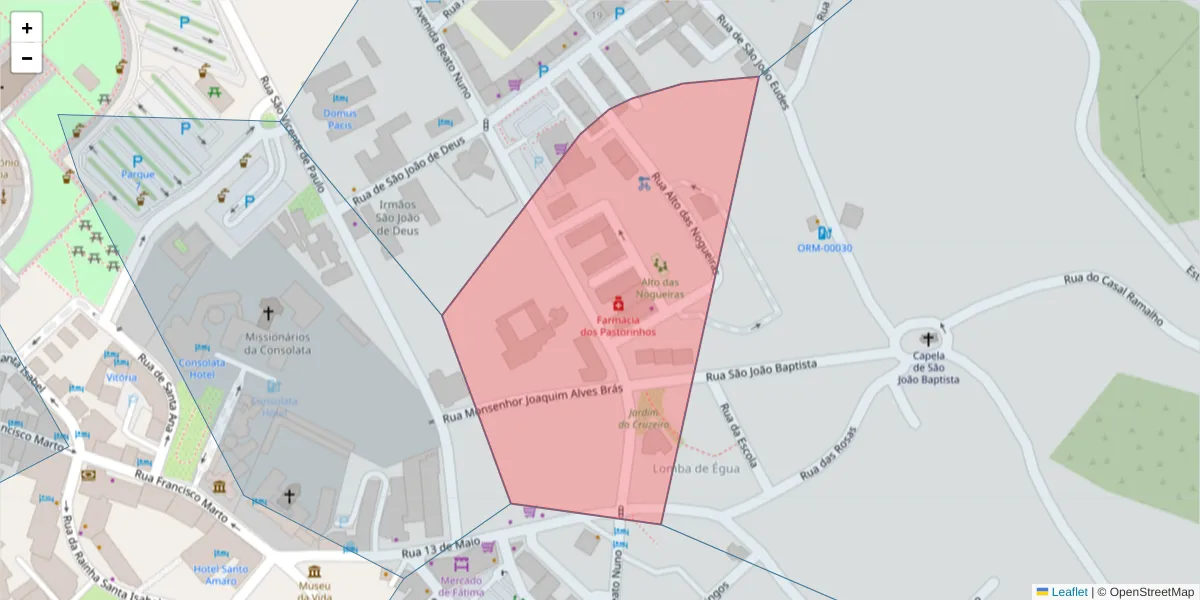 Mapa detalhado do código postal 2495-40 com limites, códigos postais vizinhos e agências dos correios