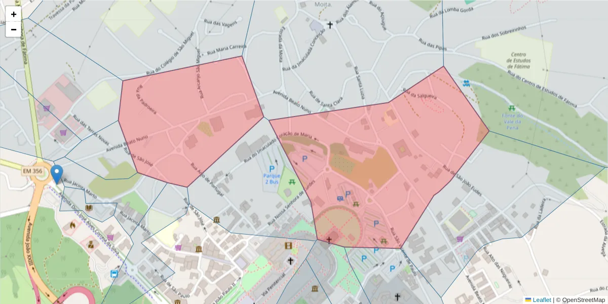 Mapa detalhado do código postal 2495-401 com limites, códigos postais vizinhos e agências dos correios