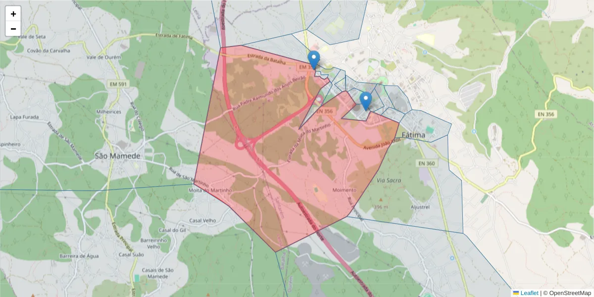 Mapa detalhado do código postal 2495-402 com limites, códigos postais vizinhos e agências dos correios