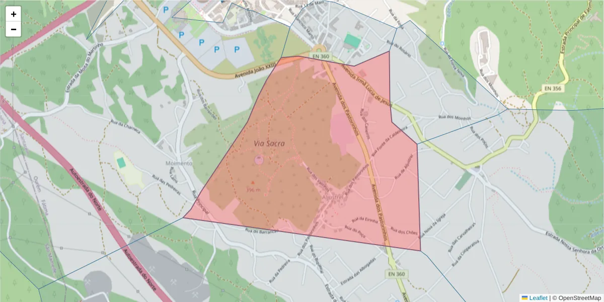 Mapa detalhado do código postal 2495-408 com limites, códigos postais vizinhos e agências dos correios