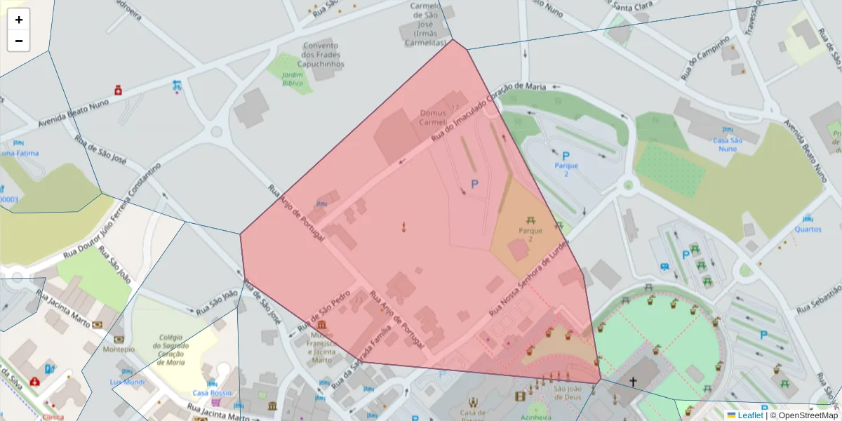 Mapa detalhado do código postal 2495-415 com limites, códigos postais vizinhos e agências dos correios