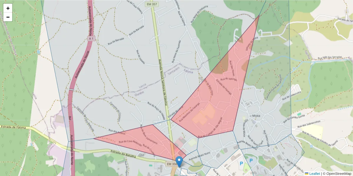 Mapa detalhado do código postal 2495-440 com limites, códigos postais vizinhos e agências dos correios