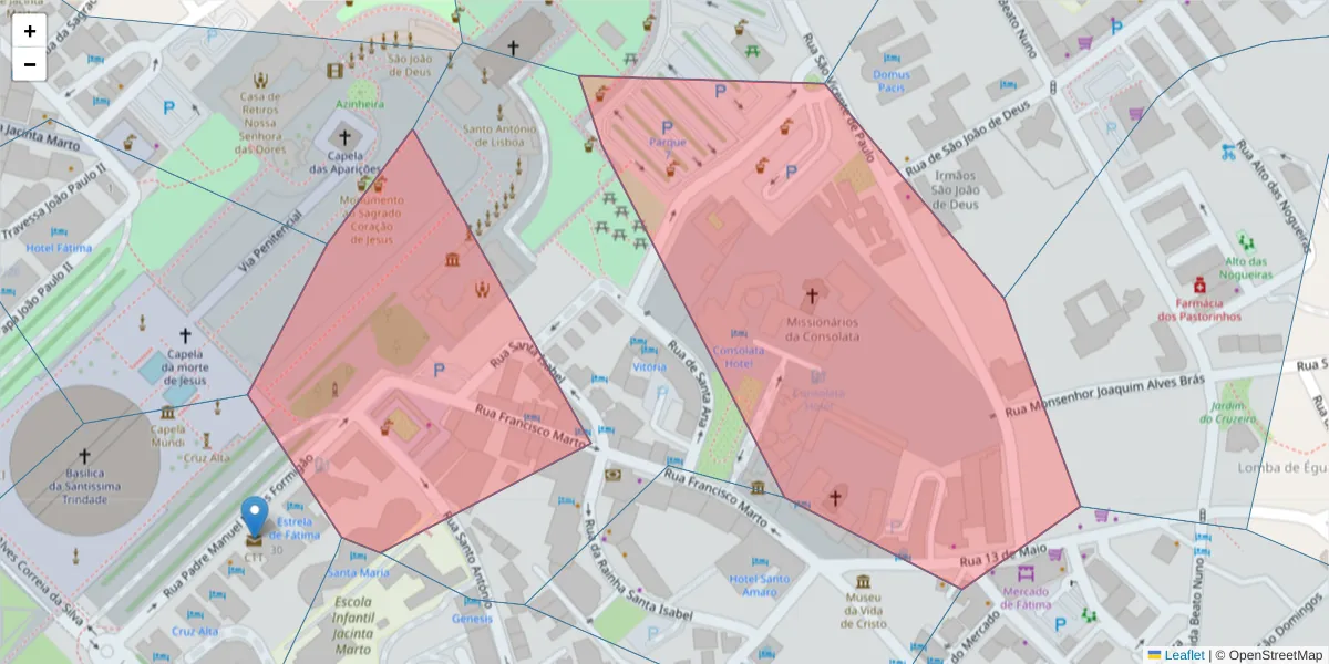 Mapa detalhado do código postal 2495-448 com limites, códigos postais vizinhos e agências dos correios