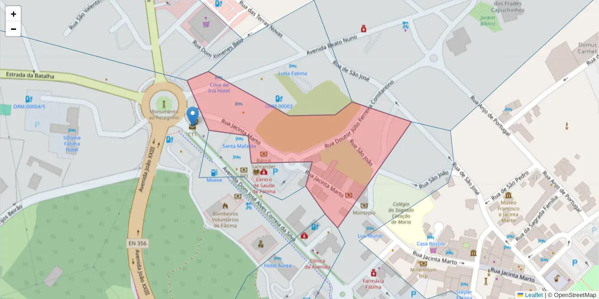 Mapa detalhado do código postal 2495-450 com limites, códigos postais vizinhos e agências dos correios