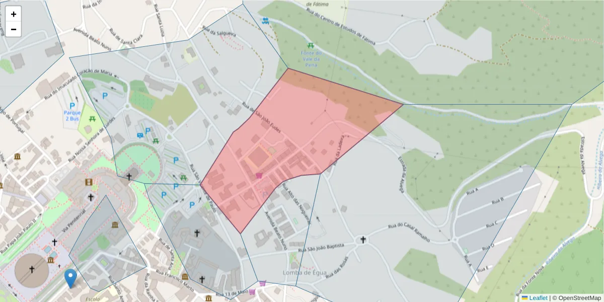 Mapa detalhado do código postal 2495-456 com limites, códigos postais vizinhos e agências dos correios