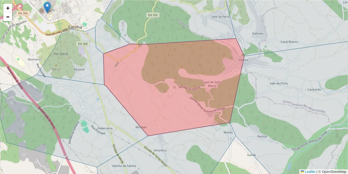 Mapa detalhado do código postal 2495-557 com limites, códigos postais vizinhos e agências dos correios