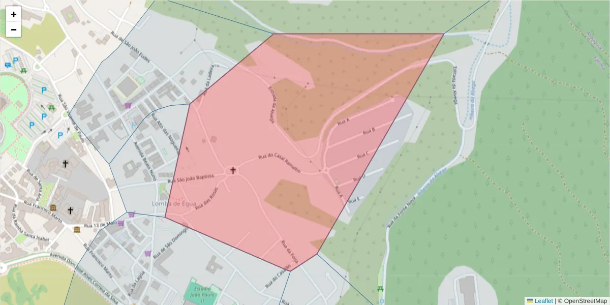 Mapa detalhado do código postal 2495-630 com limites, códigos postais vizinhos e agências dos correios