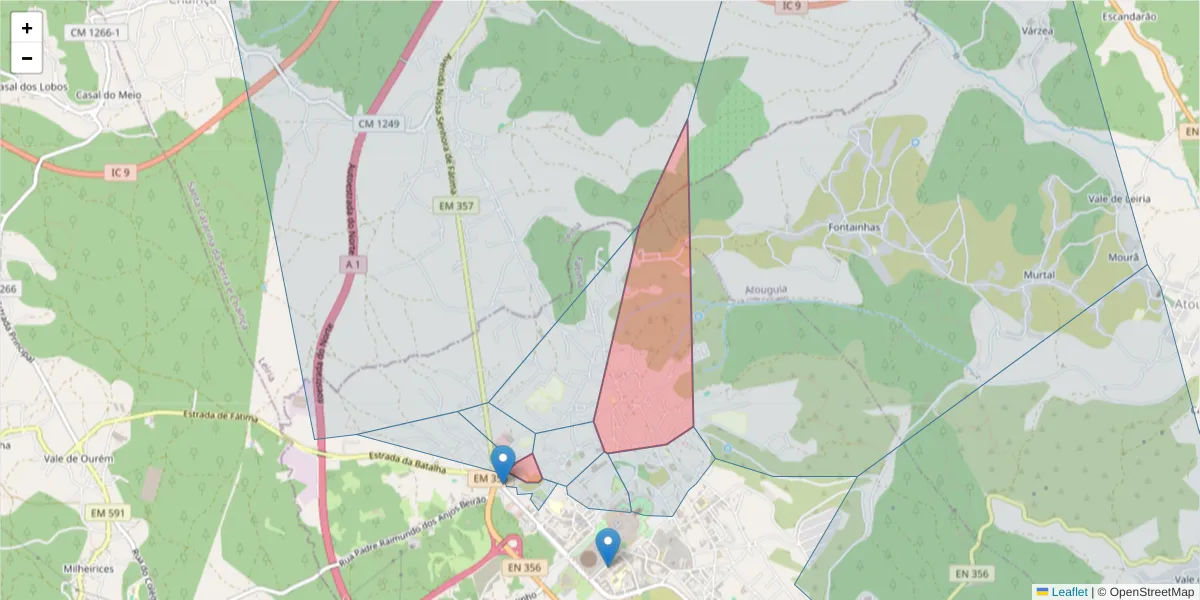 Mapa detalhado do código postal 2495-651 com limites, códigos postais vizinhos e agências dos correios