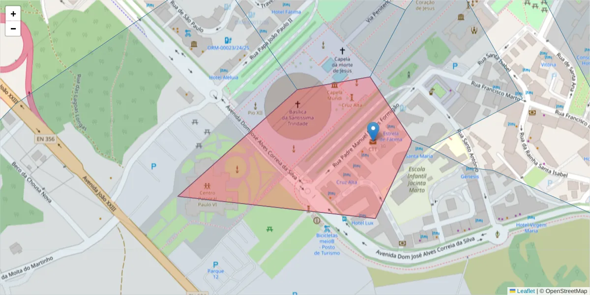 Mapa detalhado do código postal 2495402 com limites, códigos postais vizinhos e agências dos correios