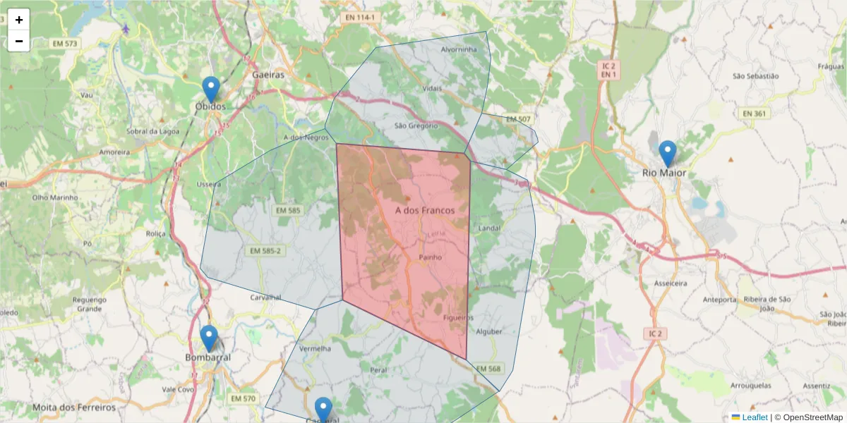 Mapa detalhado do código postal 2500-018 com limites, códigos postais vizinhos e agências dos correios