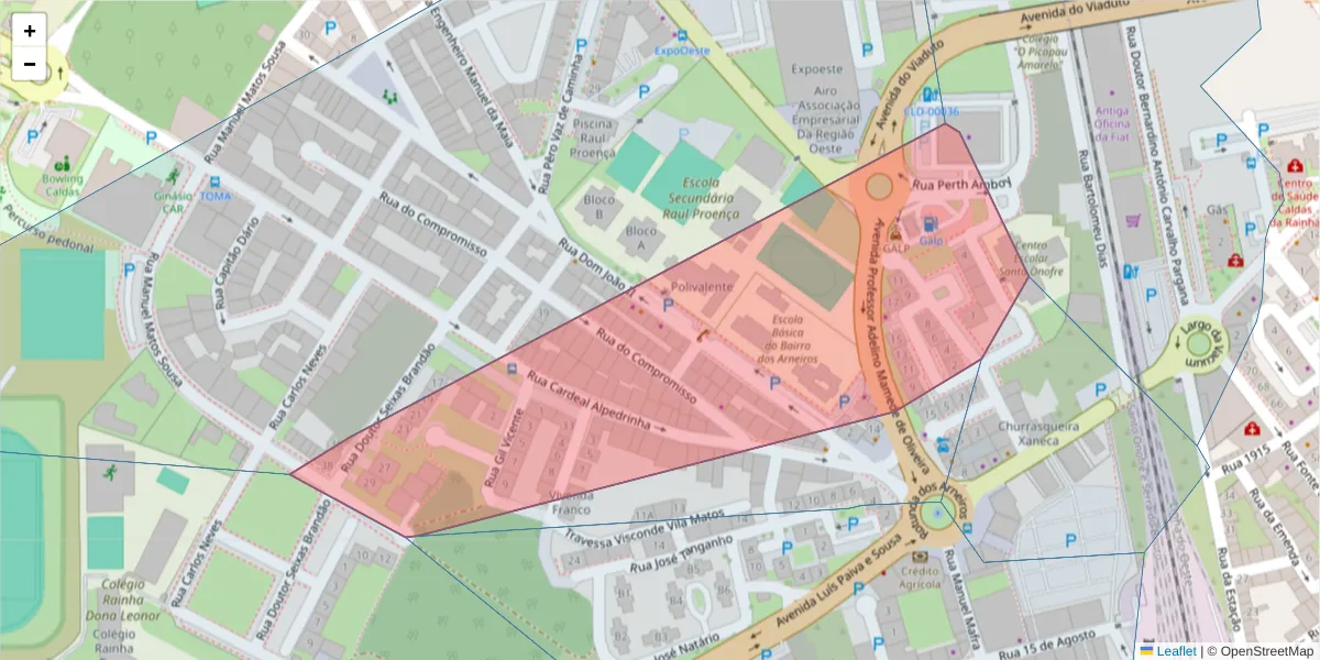 Mapa detalhado do código postal 2500-067 com limites, códigos postais vizinhos e agências dos correios