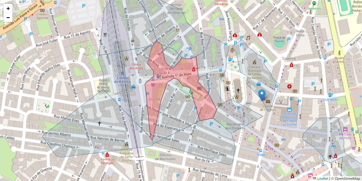 Mapa detalhado do código postal 2500-081 com limites, códigos postais vizinhos e agências dos correios