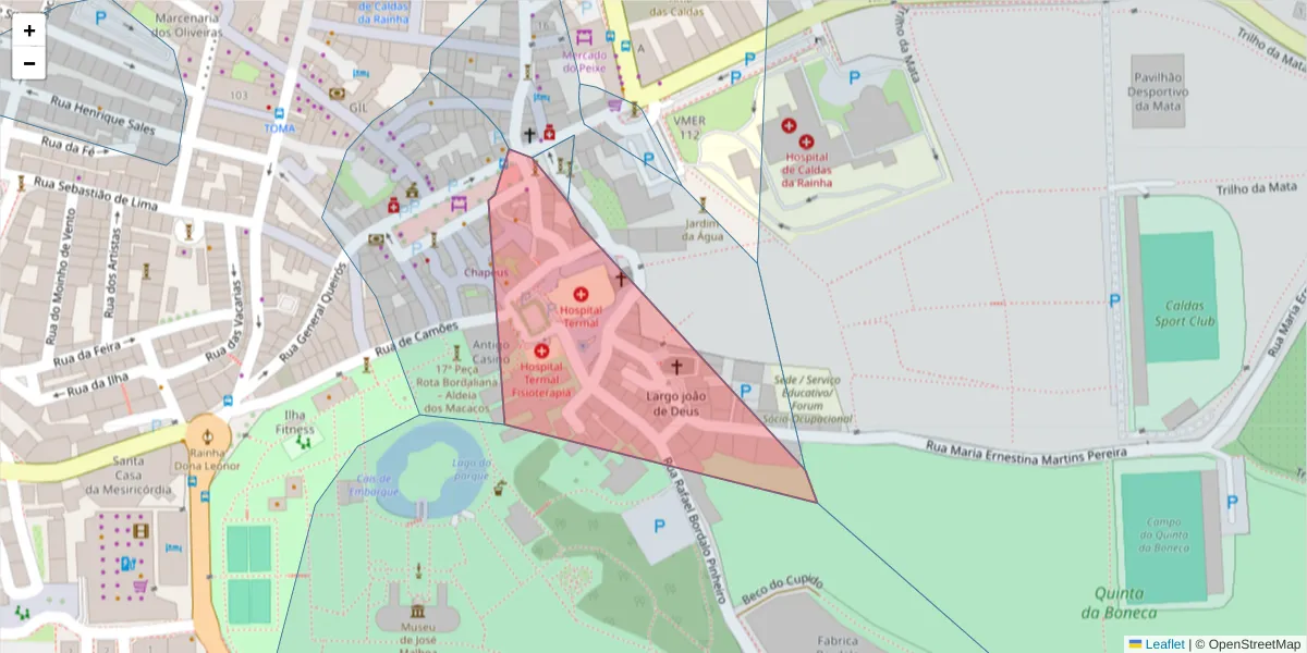 Mapa detalhado do código postal 2500-106 com limites, códigos postais vizinhos e agências dos correios