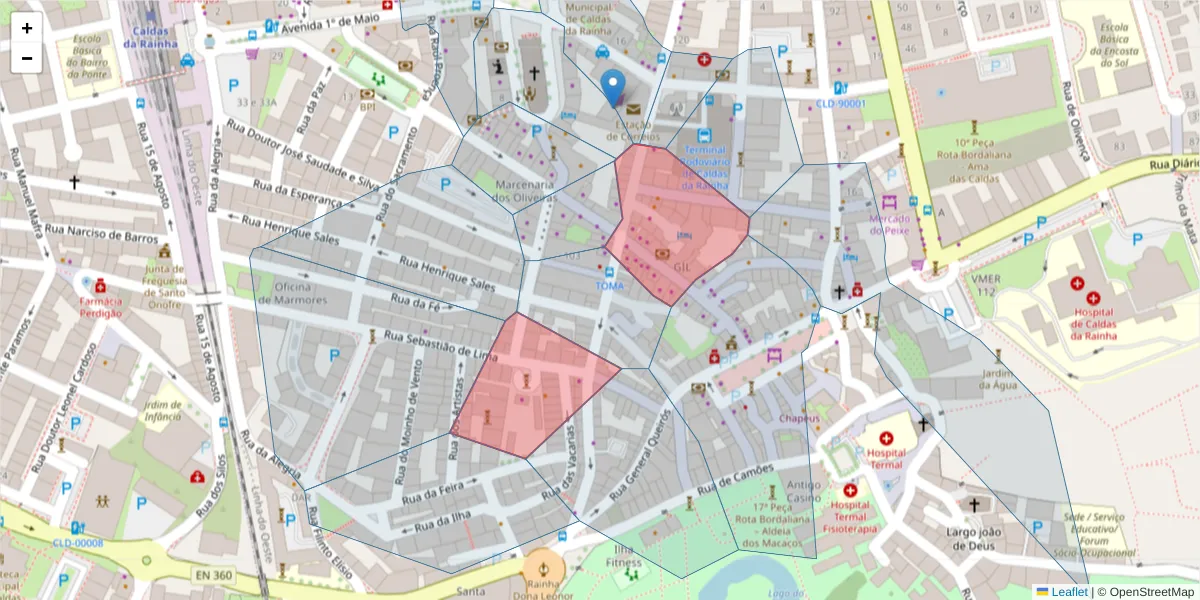 Mapa detalhado do código postal 2500-111 com limites, códigos postais vizinhos e agências dos correios