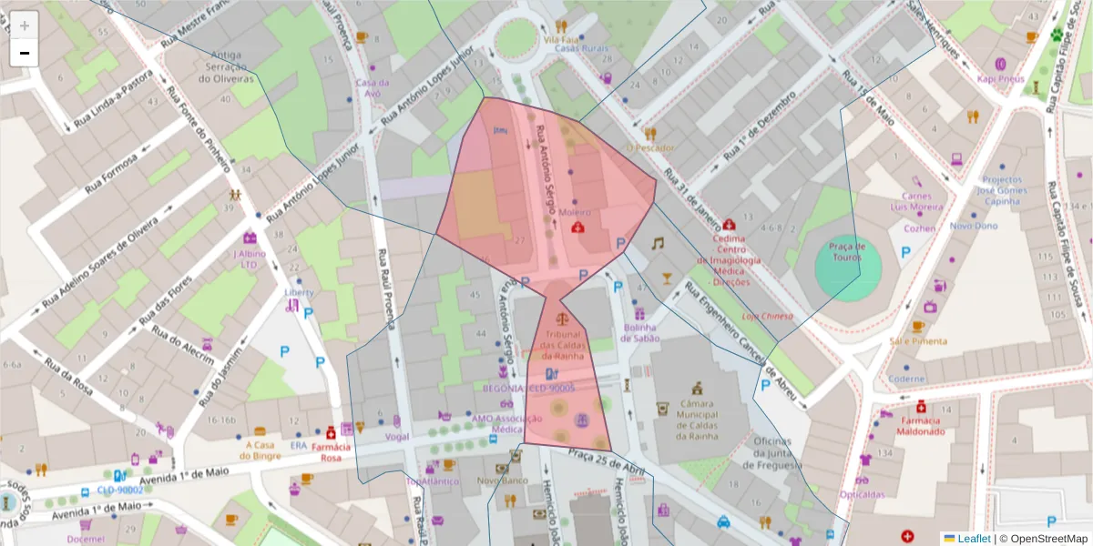 Mapa detalhado do código postal 2500-130 com limites, códigos postais vizinhos e agências dos correios
