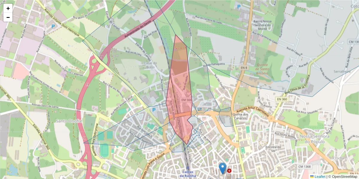 Mapa detalhado do código postal 2500-136 com limites, códigos postais vizinhos e agências dos correios