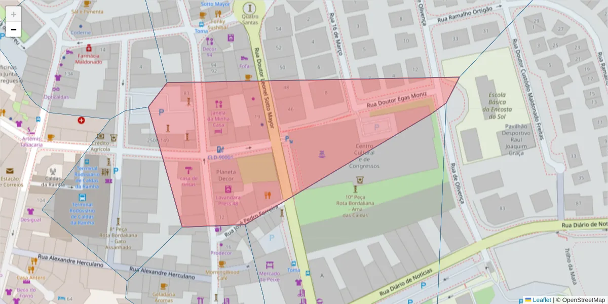 Mapa detalhado do código postal 2500-140 com limites, códigos postais vizinhos e agências dos correios