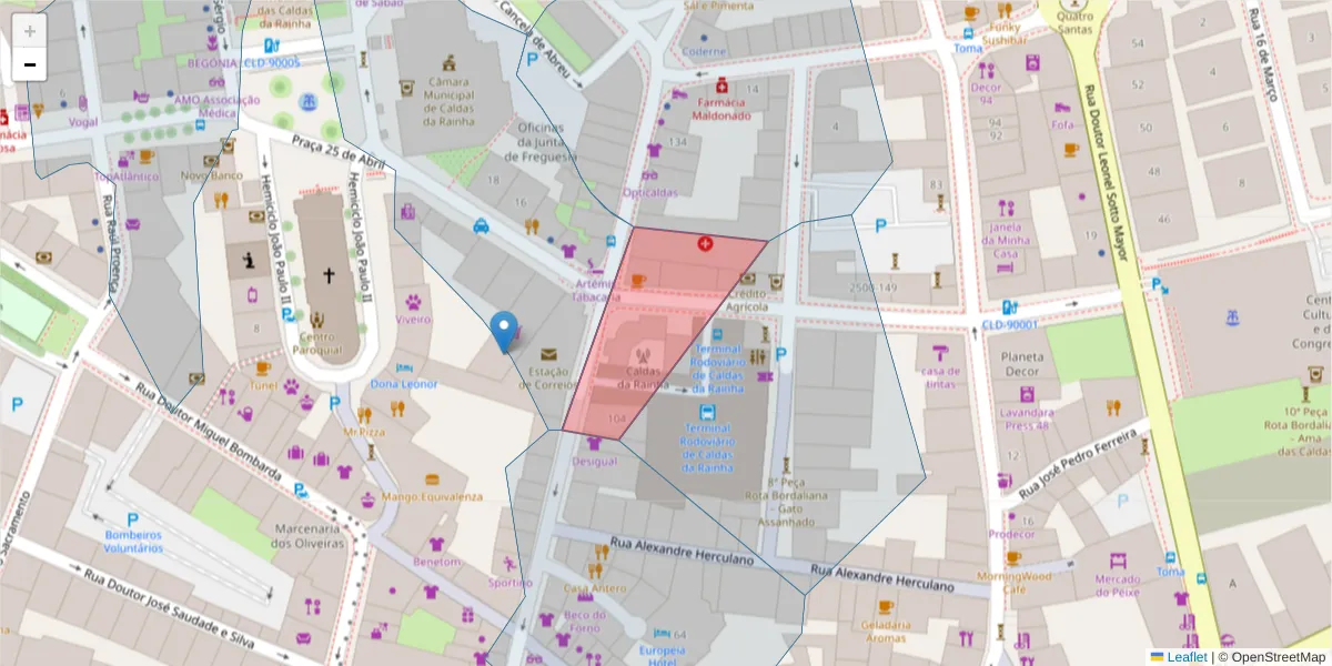 Mapa detalhado do código postal 2500-149 com limites, códigos postais vizinhos e agências dos correios