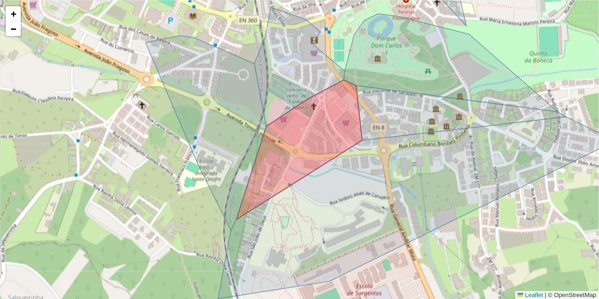 Mapa detalhado do código postal 2500-200 com limites, códigos postais vizinhos e agências dos correios