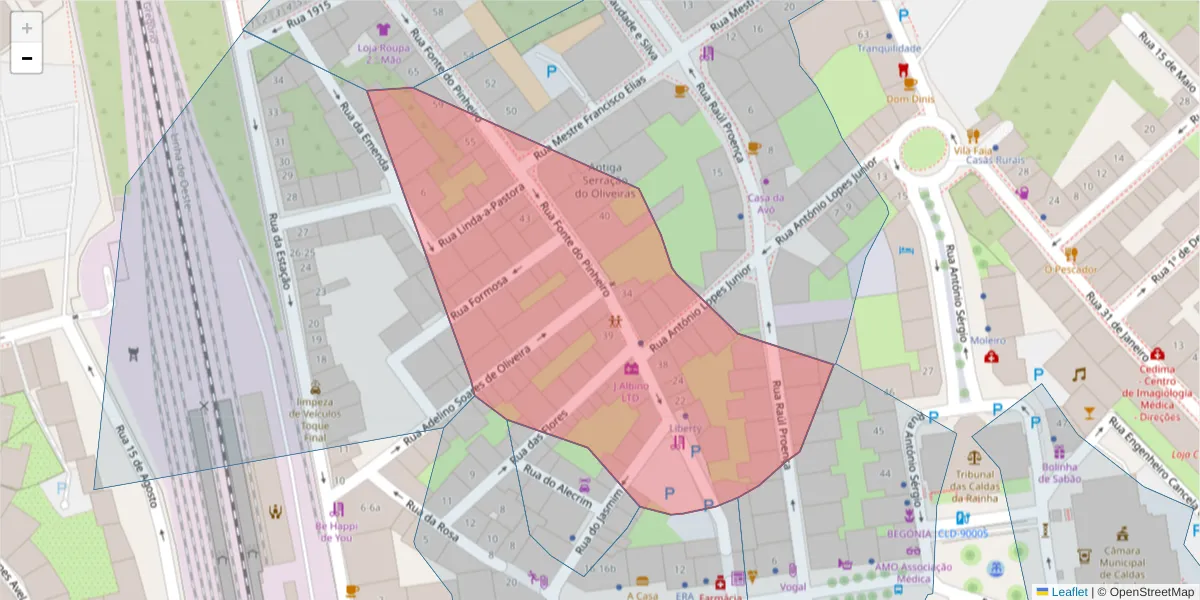 Mapa detalhado do código postal 2500-203 com limites, códigos postais vizinhos e agências dos correios