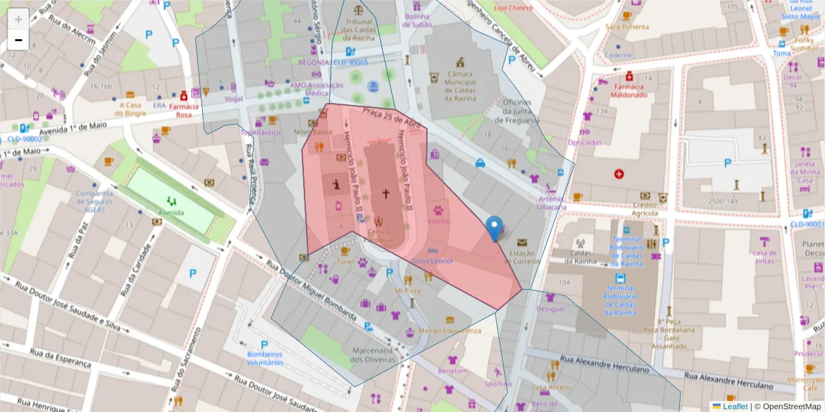 Mapa detalhado do código postal 2500-212 com limites, códigos postais vizinhos e agências dos correios