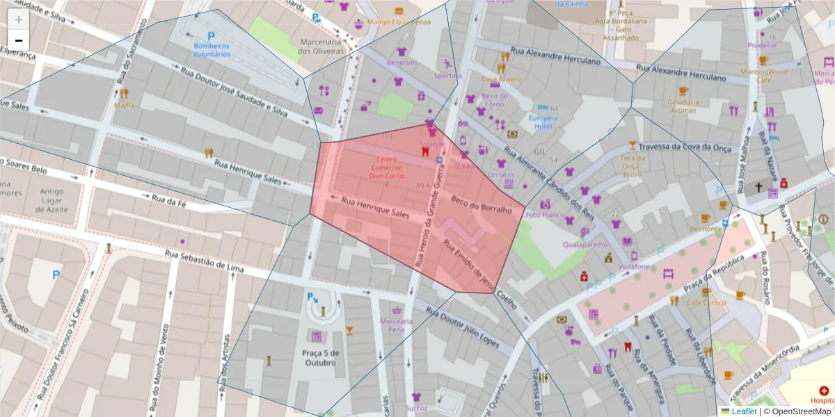Mapa detalhado do código postal 2500-215 com limites, códigos postais vizinhos e agências dos correios